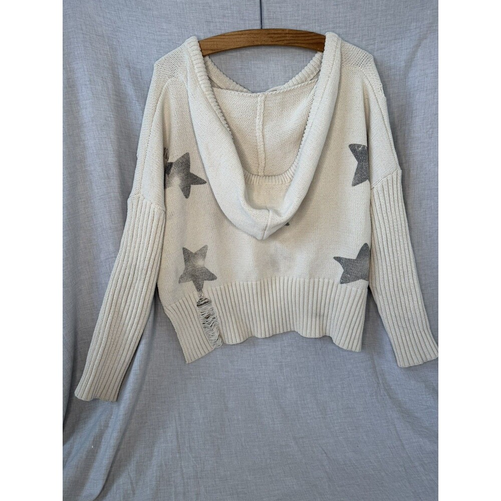 POL Hoodie Sweater Stars Womens Small Cream Pullover distressed Boho oversized - Picture 2 of 7